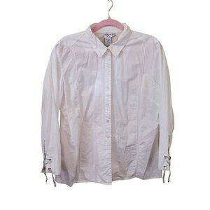 Calvin Klein Vintage White Cotton Blouse Unique Lace Up Cuffs Size XL